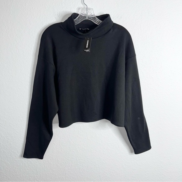 Express Sweater Women Large Mock Neck Fleece Black Crop Long Sleeve GG - Picture 1 of 9